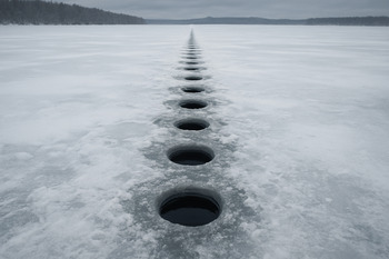 Длинная линия лунок на льду ведет к трофейной точке