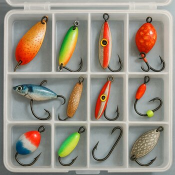 Коробка с зимними приманками разных форм и цветов, разложенными по ячейкам
