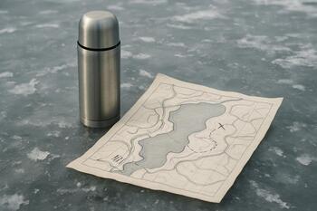 Карта и термос лежат на льду поверх наброска маршрута