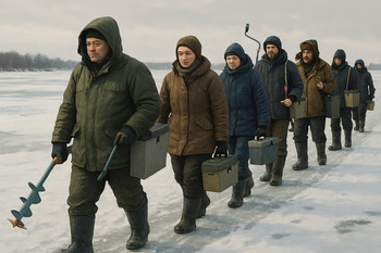 Смешанная компания рыбаков движется по тропе на замёрзшем озере