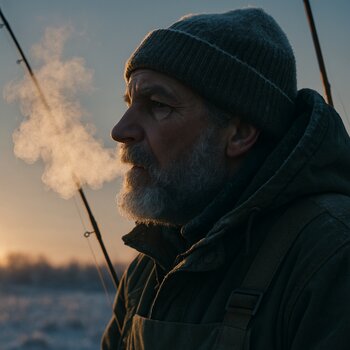 Облако пара от дыхания рыбака на фоне заснеженного озера на рассвете