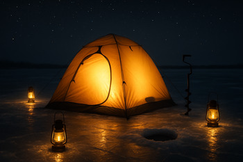 Небольшой лагерь зимней рыбалки освещен фонарями в ночи