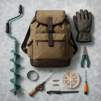 Рюкзак зимнего рыболова и аккуратно разложенный вокруг него минимальный набор снаряжения