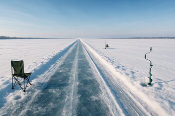 Панорамный вид на маршрут по замерзшему озеру с тропами и лунками