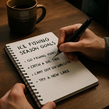 Планирование целей сезона зимней рыбалки за столом с блокнотом