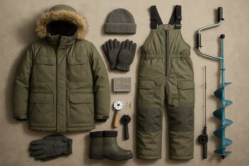 Разложенное на полу зимнее снаряжение перед упаковкой в рюкзак
