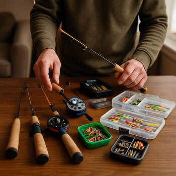 Рыболов раскладывает снасти для зимней рыбалки на столе дома