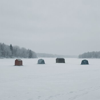 Спокойный зимний пейзаж с несколькими палатками на замёрзшем водоёме