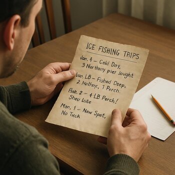Человек читает записи о прошлых зимних выездах дома за столом