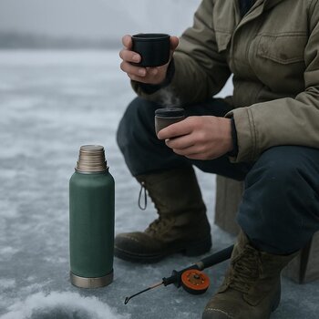 Рыболов делает паузу с термосом, сидя у лунки на льду