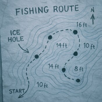 Карта маршрута с рукописными пометками о глубинах и лунках