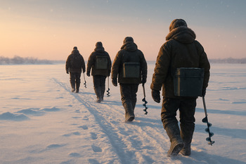 Рыбаки выходят на лёд ранним утром по проторенной дорожке