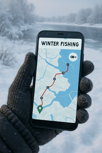 План маршрута зимней рыбалки на экране смартфона в руке рыбака