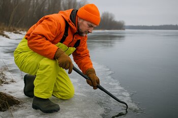 Рыбак проверяет багром кромку льда у берега перед выходом на акваторию