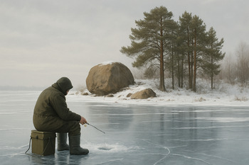 Камень и группа деревьев на берегу служат ориентиром для маршрута по льду