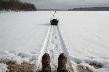 След от саней и ботинок ведет от берега по однодневному маршруту на льду