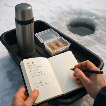 Сани с термосом, коробкой приманок и блокнотом возле лунки на льду