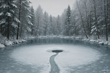 Небольшое лесное озеро под снегом с компактным маршрутом по льду