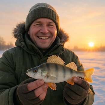 Рыбак с уловом улыбается на фоне зимнего рассвета
