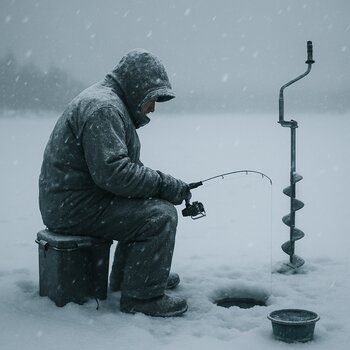 Снегопад во время зимней рыбалки на льду