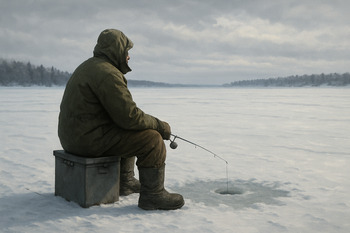 Один рыболов сидит на санях и смотрит на свой маршрут по льду
