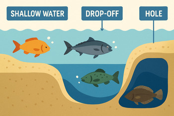 Схематичный маршрут по трем глубинам с пометками под разные виды рыбы