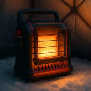 Небольшая походная печка внутри зимней палатки на льду