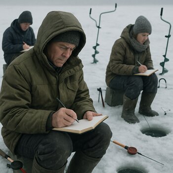 Рыболовы делают пометки в блокнотах, сидя рядом с лунками