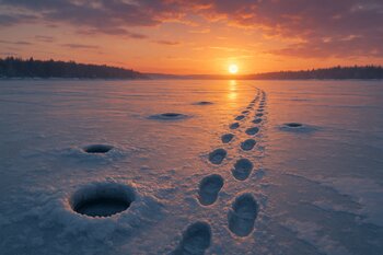 Закат над замёрзшим озером, лунки и следы рыбака уходят к горизонту