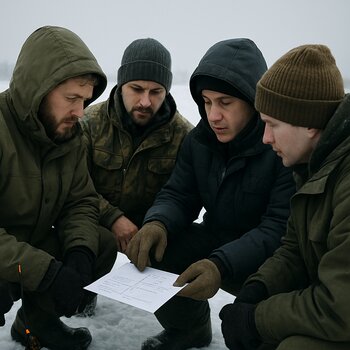 Группа рыбаков обсуждает план тренировки на льду