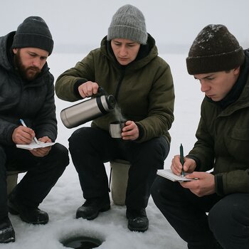 Участники делают записи во время паузы на зимней рыбалке