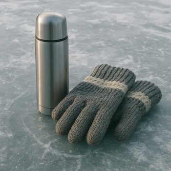 Термос и тёплые перчатки лежат на льду возле пробуренной лунки