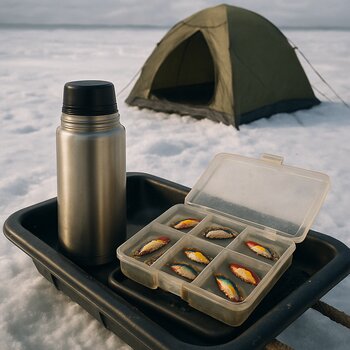 Термос и коробка с приманками на санках у палатки на льду