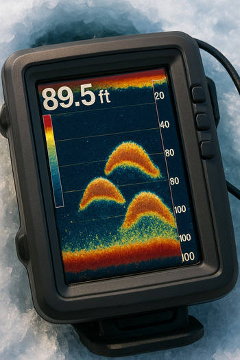 Экран эхолота с отметками крупной рыбы на большой глубине
