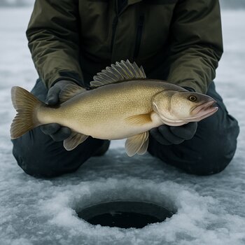 Рыболов аккуратно держит трофейную рыбу на льду рядом с лункой