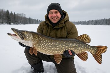 Рыбак в теплой одежде держит трофейную щуку на заснеженной глади озера