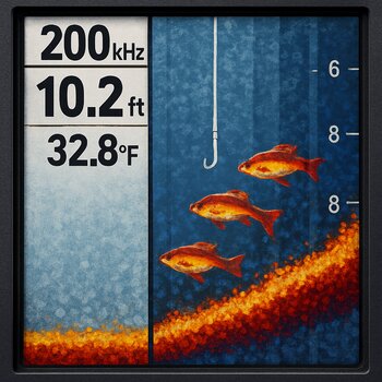Экран эхолота с вертикальной полосой дна и отметками выхода рыбы к приманке