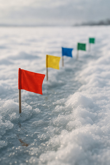 Небольшие флажки отмечают путь на заснеженном льду