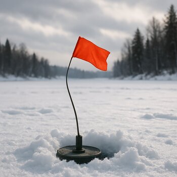 Тканевый флажок на тонком шесте показывает направление ветра на заснеженном льду