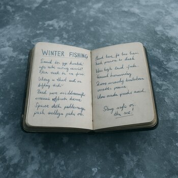 Полевой блокнот с заметками о зимней рыбалке лежит на льду