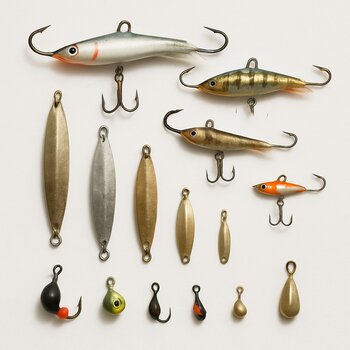 Набор зимних приманок разложен на светлом столе по размеру и типу