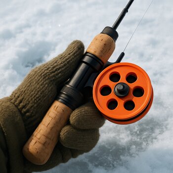 Крупный план рукояти зимней удочки в перчатке на фоне заснеженного льда